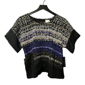 Line & Dot Black and Purple Patterned Short Sleeve Top Size Small New